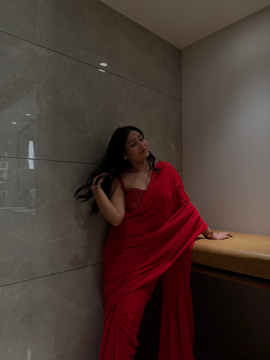 Karwa Red Embellished Saree